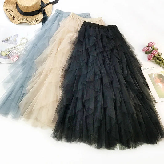 Fashion Tutu Tulle Skirt Women Long Maxi Skirt 2022 Spring Summer Korean Black Pink High Waist Pleated Skirt Female